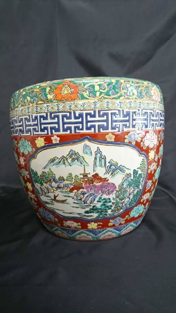 十錦手火鉢 染付 色絵 金彩 観葉植物などの鉢カバー、ガラス板を乗せテーブル 十錦手火鉢 染付 色絵 金彩 観葉植物などの鉢カバー、ガラス板を